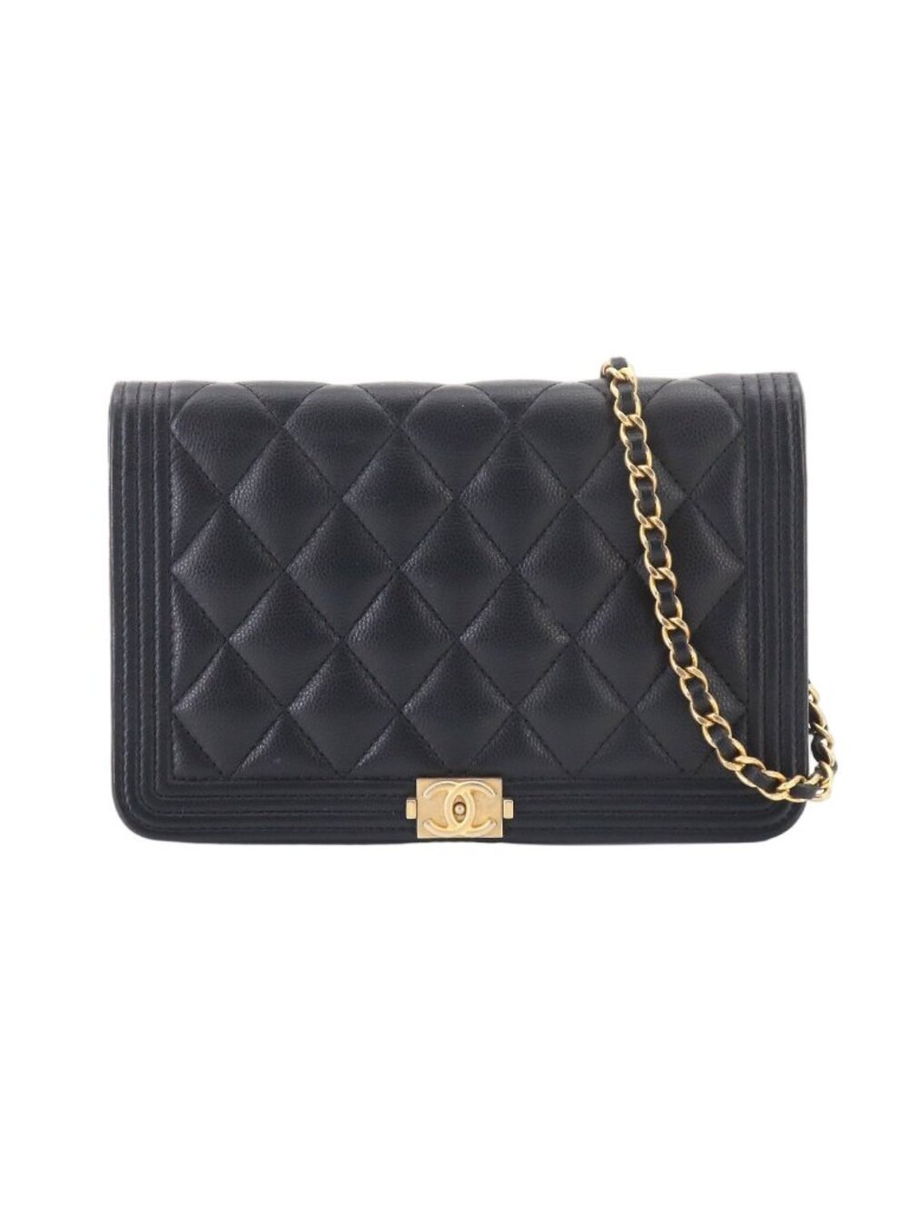 Chanel Boy Chain Wallet Caviar Leather Black Gold